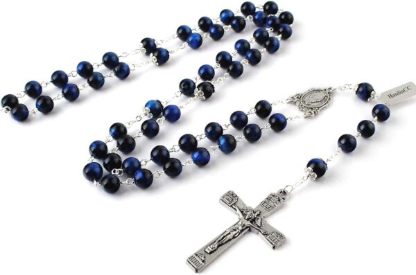HanlinCC 8mm Natural Blue Tiger Eyes Gemstone Beads Miraculous 5 Dacade Rosary Necklace with Anti-Silver Catholic Crucifix Pack in Leather Gift Box - Image 3