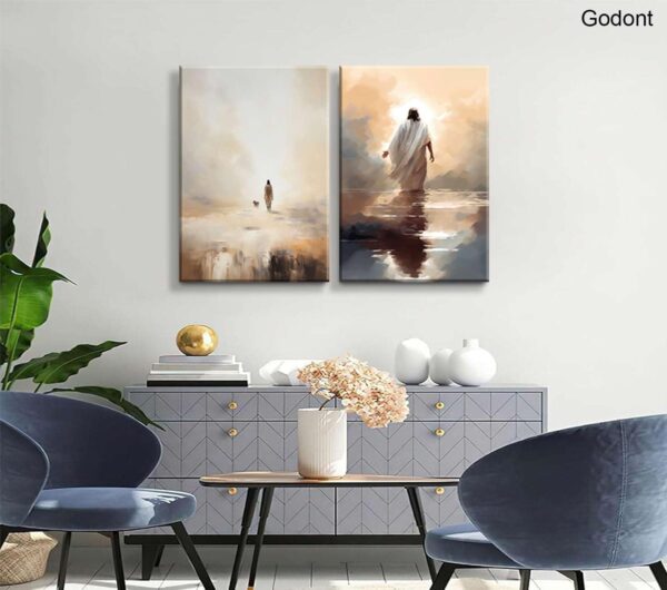 2Pcs Framed Jesus And Lamb Posters Jesus Walking In Waters Wall Art Print Retro Jesus Oil Painting Christian Religion Bible Inspirational Images Jesus Poster Jesus Painting Decoration 12x16 - Image 6