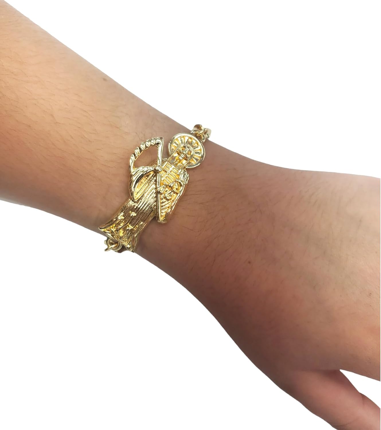 Gold Plated Santa Muerte Chain ID Bracelet Skull Grim Reaper Figaro Link Manilla Esclava De La Santa Muerte Pulsera, 8.5 inches - Image 5