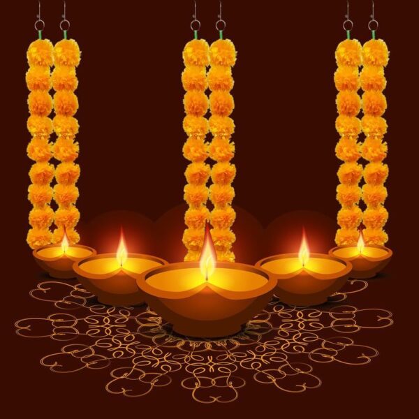 Artificial Marigold Garland, Golden Yellow 5 Feet Long Faux Flowers for Dia De Los Muertos Decorations, Pooja, Diwali, Indian Decor (4 Pieces,Orange) - Image 5