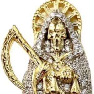 Iced Santa Muerte Men Women 925 Italy Gold Finish Iced Silver Charm Ice Out Pendant Stainless Steel Real 3 mm Rope Chain, Mans Jewelry, Iced Pendant, Rope Necklace 16"- 24"