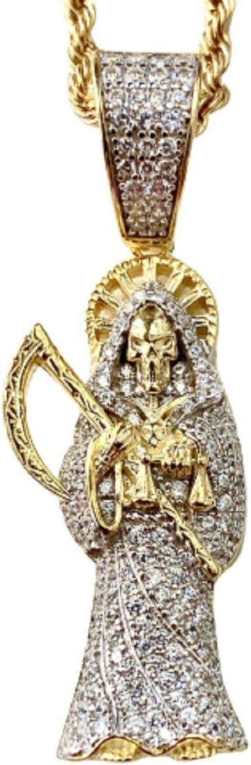 Iced Santa Muerte Men Women 925 Italy Gold Finish Iced Silver Charm Ice Out Pendant Stainless Steel Real 3 mm Rope Chain, Mans Jewelry, Iced Pendant, Rope Necklace 16"- 24"