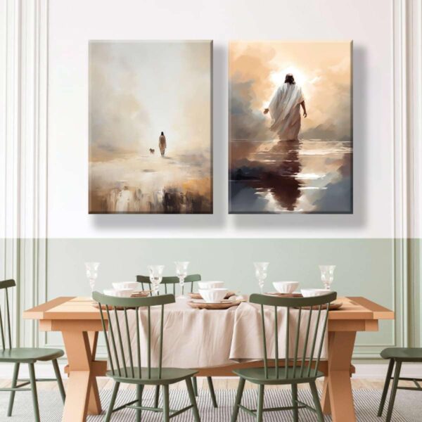 2Pcs Framed Jesus And Lamb Posters Jesus Walking In Waters Wall Art Print Retro Jesus Oil Painting Christian Religion Bible Inspirational Images Jesus Poster Jesus Painting Decoration 12x16 - Image 4
