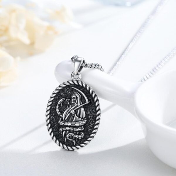 TRISHULA Santa Muerte Necklace for Men, 925 Sterling Silver Grim Reaper Necklace Oxidation Grim Skull with Scythe Pendant Skull Jewelry Gift for Birthday Graduation - Image 2