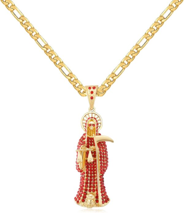 Santa Muerte Necklace Diamond 14K Gold Plated Santa Muerte Pendant Jewelry With Sickle Holiday Gift (Gold 202)