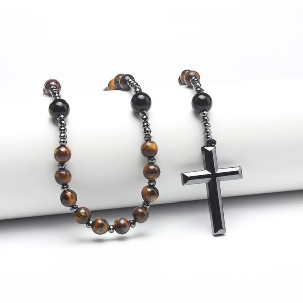 Tiger Eye Cross Necklace Black Obsidian and Hematite Christ Rosary Healing Crystal Necklaces with Cross Pendant Men Necklace Meditation Jewelry (Matte Black) - Image 5