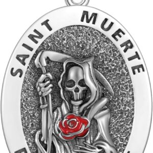Santa Muerte Necklace Sterling Silver Grim Reaper Skull Necklace Death Santa Muerte Pendant Day of the Dead Protect Amulet Jewelry for Women Men