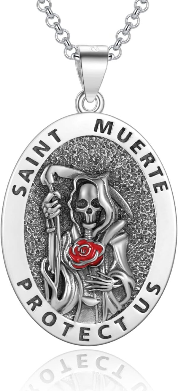 Santa Muerte Necklace Sterling Silver Grim Reaper Skull Necklace Death Santa Muerte Pendant Day of the Dead Protect Amulet Jewelry for Women Men