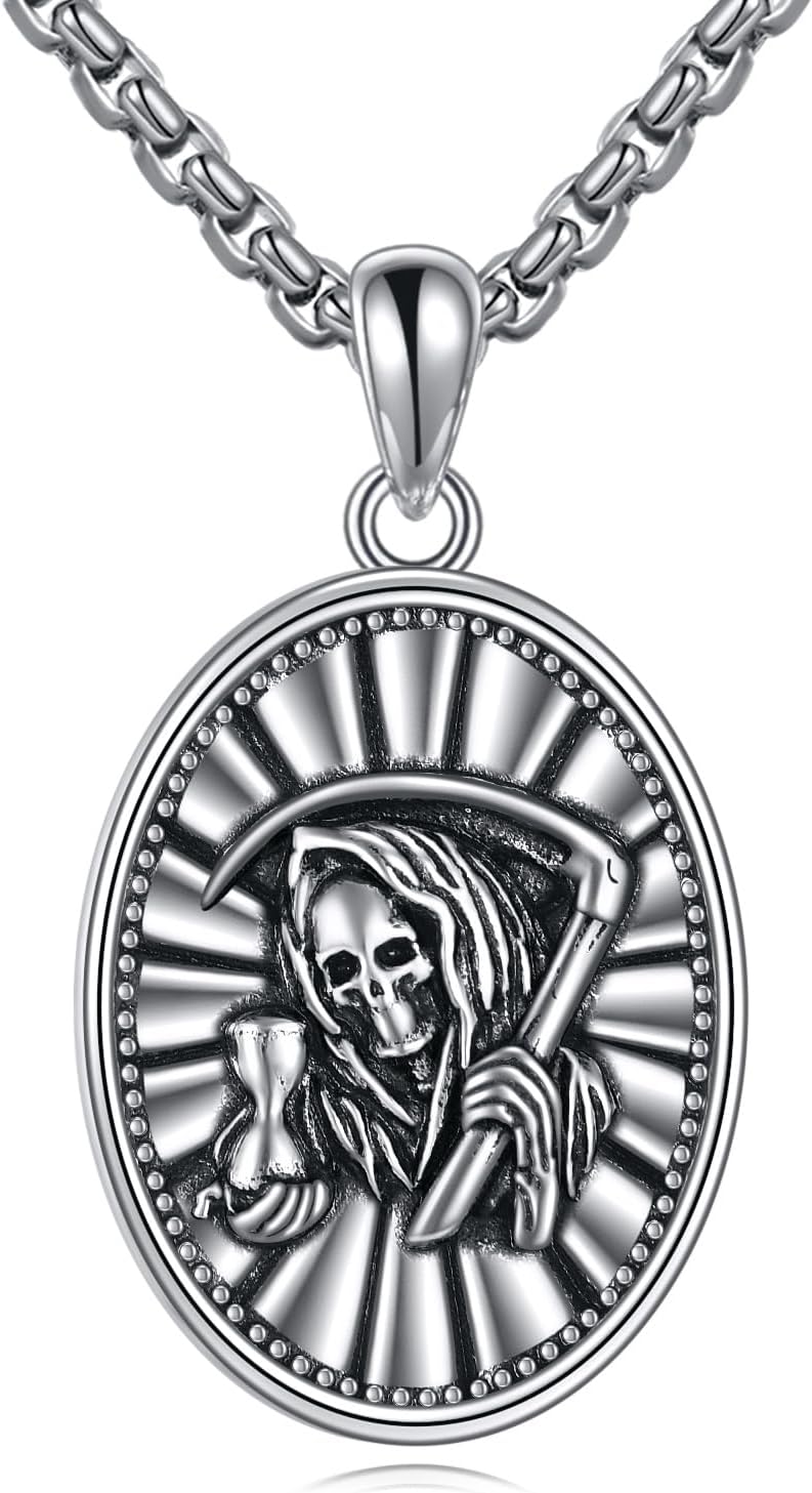 URONE Santa Muerte necklace 925 Sterling Silver Ia Santa Muerte Pendant Grim Reaper Necklace Amulet Jewelry Gifts