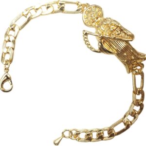 Gold Plated Santa Muerte Chain ID Bracelet Skull Grim Reaper Figaro Link Manilla Esclava De La Santa Muerte Pulsera, 8.5 inches