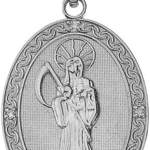 Claddagh Gold - Fine 925 Sterling Silver CZ-Accented Santa Muerte (Grim Reaper) Oval Medal Pendant, 1.2 inches