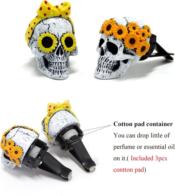 Sugar Skull Decor for Women Sunflower Air Fresheners Car Accessories Interior Aesthetic Dashboard Decorations Truck Stuff for Girls Cute Auto Charm Vent Clips Halloween Decors Christmas Gifts for Mom - Image 5