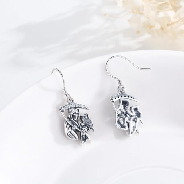 Sterling Silver Santa Muerte Earrings, Hypoallergenic Grim Reaper Dangle Earring, Unique Mexican Amulet Jewelry Gift for Men Women - Image 2