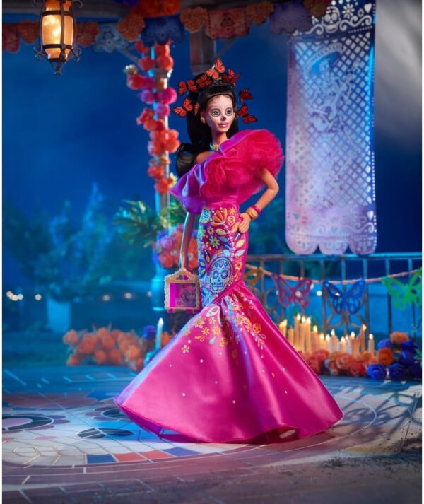 Barbie Signature Fashion Doll, 2023 Dia de Muertos Collectible Wearing Ruffled Pink Gown & Holding Tiny Ofrenda, Includes Doll Stand - Image 6