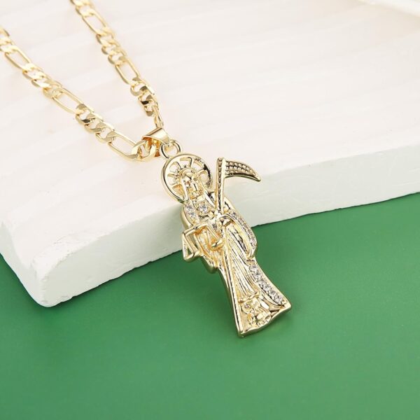 HZMAN Santa Muerte Necklace for Men Retro Gothic 14K Gold Plated Grim Reaper Saint Death Sickle Skull Pendant Party Jewelry Gift - Image 4