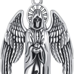 Large Santa Muerte Necklace 925 Sterling Silver Grim Reaper Pendant Retro Holy Death Skull Pendant Jewelry for Men Women with 22+2 in Chain