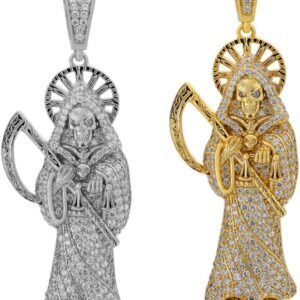 Solid 925 Sterling Silver - Large Men's Grim Reaper Death Pendant - Iced Santa Muerte Piece - Great Necklace
