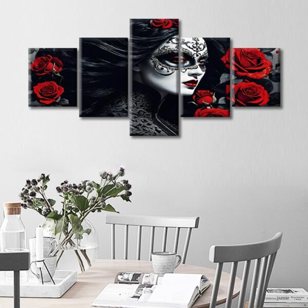 Sugar Skull Girl Wall Art Decor 5 Panels Woman with Skull Flowers Pictures Painting Home Decor Print for Home Living Room Dining Room Stretched and Framed Ready to Hang (50"Wx24"H) - Image 2