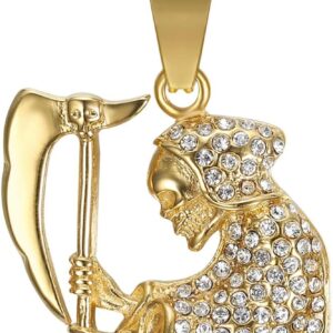 18K Gold Plated Skull Charm Holy Death Pendant Punk Rock Stainless Steel Necklace, 24 Inch 7mm Miami Cuban Chain Santa Muerte (Santisima Muerte) Jewelry Gift