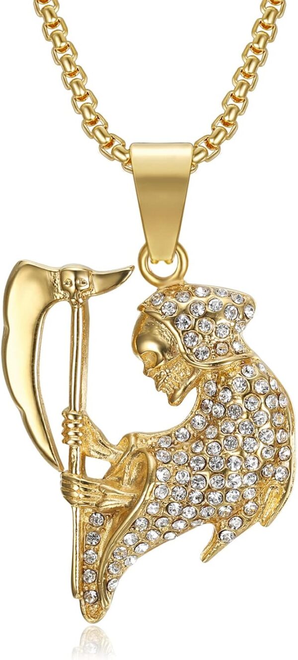 18K Gold Plated Skull Charm Holy Death Pendant Punk Rock Stainless Steel Necklace, 24 Inch 7mm Miami Cuban Chain Santa Muerte (Santisima Muerte) Jewelry Gift