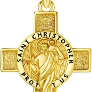 St Christopher Necklace 925 Sterling Silver Gold Saint Christopher Cross Pendant Necklaces St. Christopher Amulet Protection Cross Jewelry for Men