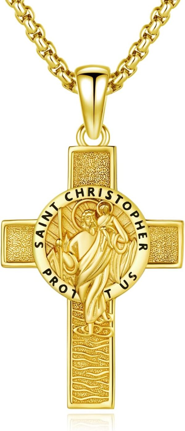 St Christopher Necklace 925 Sterling Silver Gold Saint Christopher Cross Pendant Necklaces St. Christopher Amulet Protection Cross Jewelry for Men