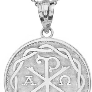 Religious Jewelry Sterling Silver Chi Rho Alpha Omega Symbol Medallion Round Pendant Necklace