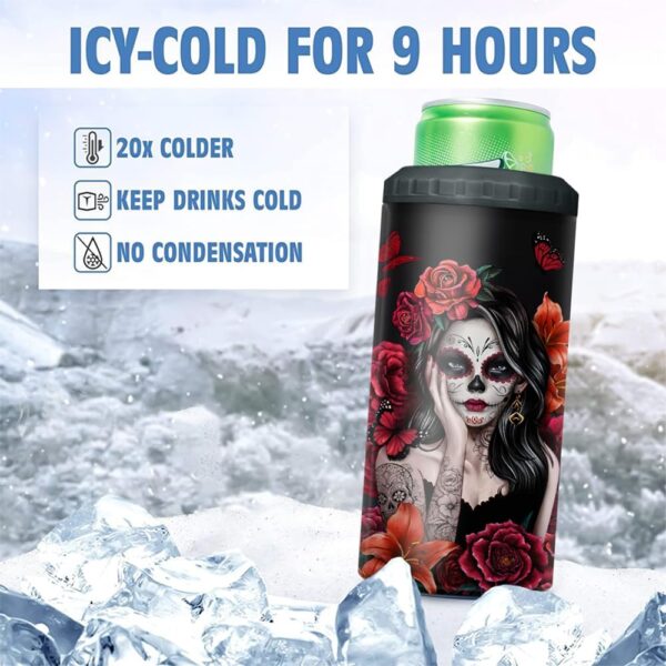 Sugar Skull Tumbler, Sugar Skull 4-in-1 Tumblers Stainless Steel Insulated Slim Can Cooler, Fits All 12oz Can Beer Bottle, Gifts for Women Christmas Birthday - Image 5