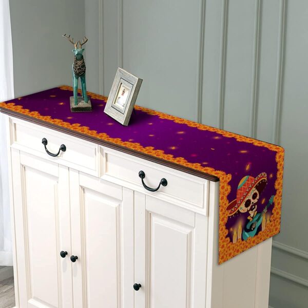 Sugar Skull Table Runner Mexico Dia De Los Muertos Marigold Coco Rustic Linen Day of The Dead Altar Decoration for Home Kitchen Dining Room -13x72 inch - Image 5