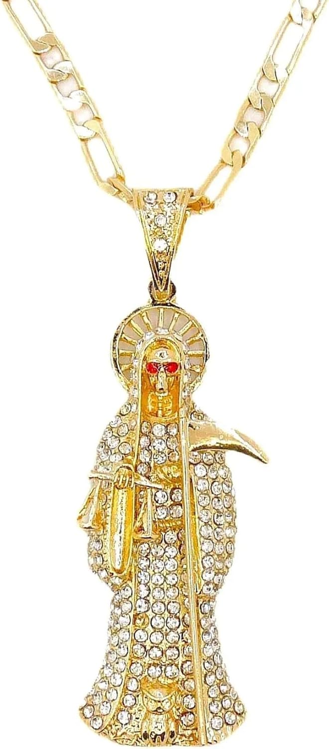 14k Yellow Gold La Santa Muerte Necklace For Women And Men - Holy Death's Pendant Necklace, Santa Muerte Pendant Necklace With Chain, Holy Saint Death Necklace Religious Jewelry For Women Men