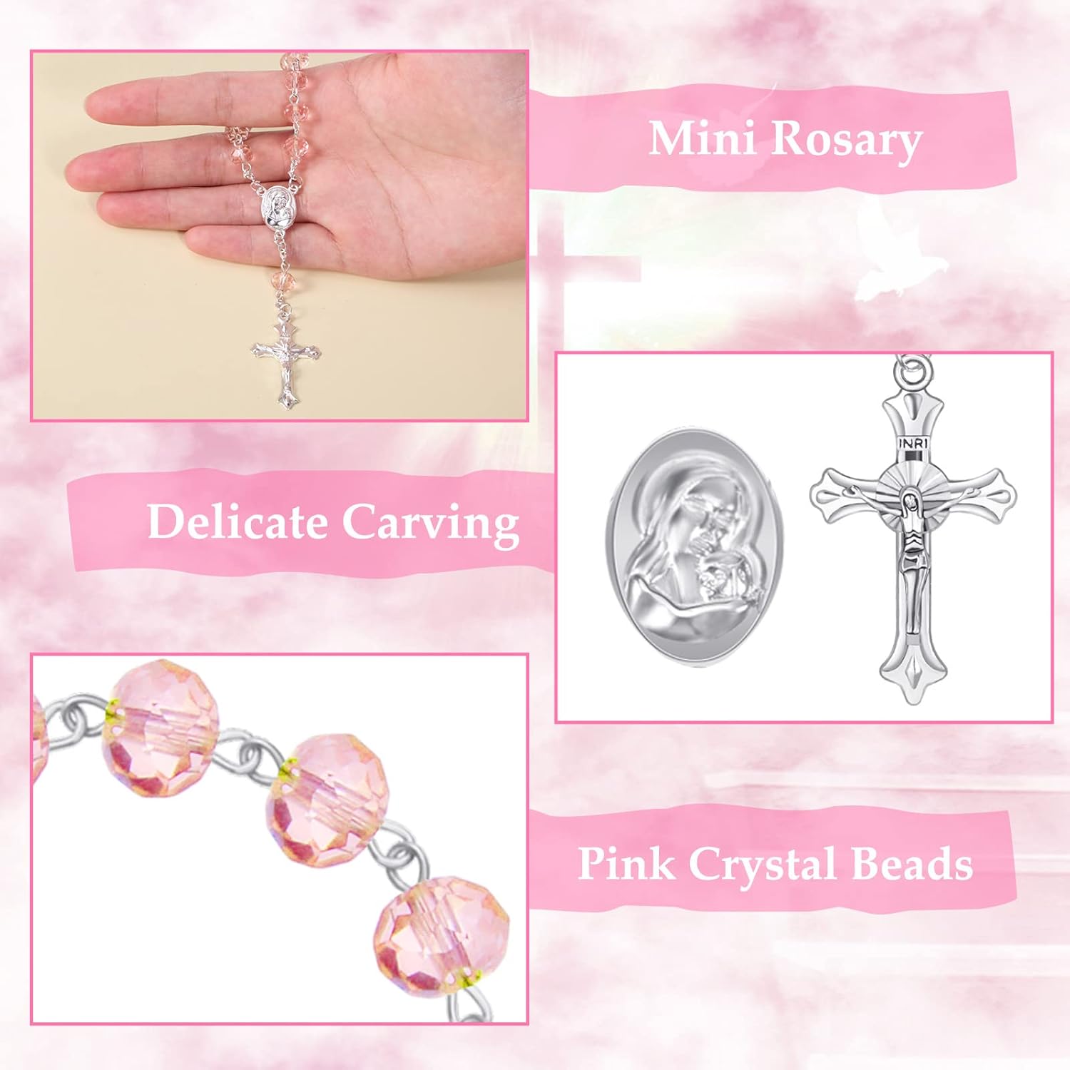 Yinkin 30 Pieces Baptism Rosary Catholic Mini Rosaries Baptism Favors for Guests Party Favors Rosary Beads for Baptism with 30 Pcs Organza Bags for Christening Weddings First Communion Gift - Image 3