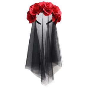 NODG Day of the Dead Headband, Retro mesh carnival head button, Halloween day rose flower party hair accessories headband black female