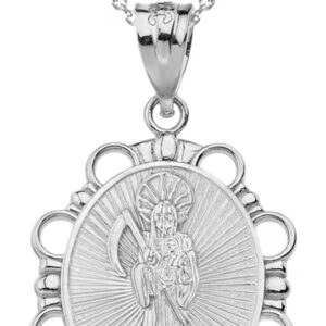 Sterling Silver Santa Muerte (Grim Reaper) Oval Charm Pendant Necklace