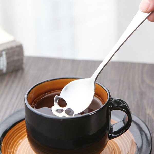 304 Stainless Steel Skull Sugar Spoon Dessert Tea Coffee Stirring Spoon Set of 6 (Black) - Image 3
