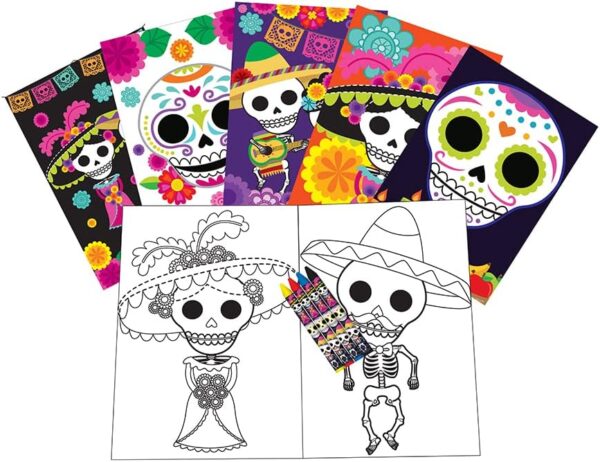 Tiny Mills Day of the Day Coloring Books for Kids with 12 Coloring Books and 48 Crayons, Halloween Party Favors, Dia de Los Muertos Favor Bag Fillers Carnival Prizes Sugar Skulls - Image 3
