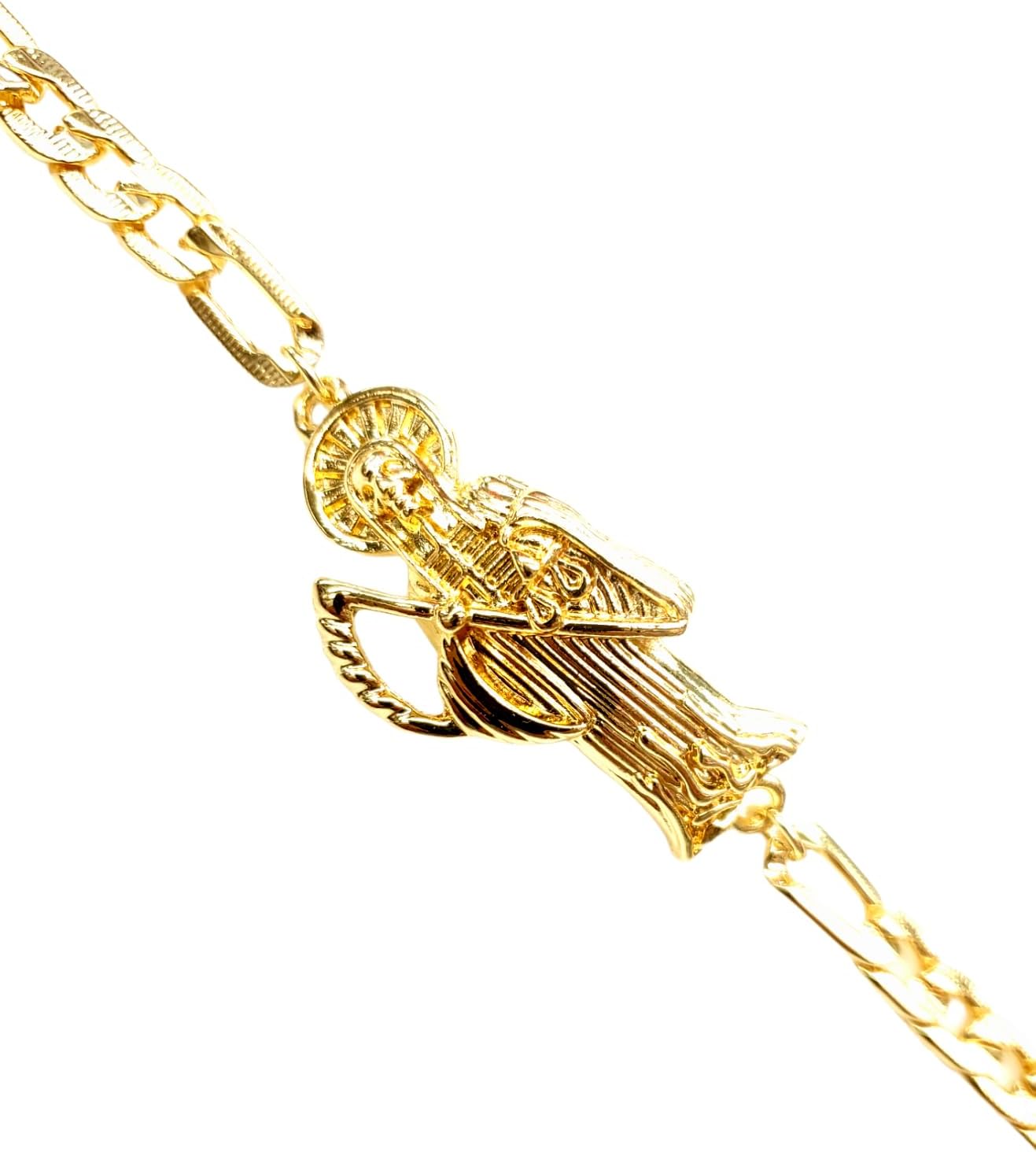 Gold Plated Santa Muerte Chain ID Bracelet Skull Grim Reaper Figaro Link Manilla Esclava De La Santa Muerte Pulsera, 8.5 inches - Image 3