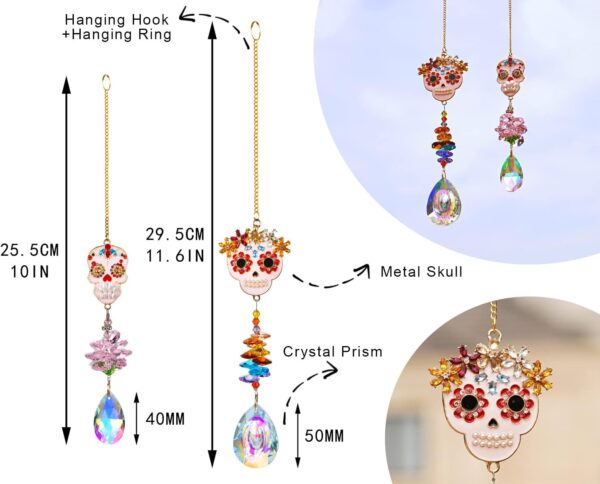 Skull-Shaped Colorful Rhinestones Pendant, Crystal Beads Chain with Glass Chandelier Suncatcher Drops Prisms Hang Ornament, Pack of 2 - Image 6