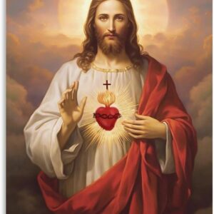FireDeer Christian Canvas Wall Art God Jesus Poster Catholic Christian Lord Painting Religious Bible Picture Church Decor Bedroom Decoration (16x24inch-Unframe,01-Sacred Heart)