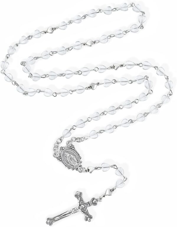 Rosary Beads Catholic Necklace for Women Crystal Heart Shaped Beads Rosary Necklace First Communion Christian Gifts Catholic Gifts(Clear)