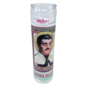 white Unscented prayer candle the generous vandit .Veladora de rezo Jesús Malverde oración de protección al reverso en español