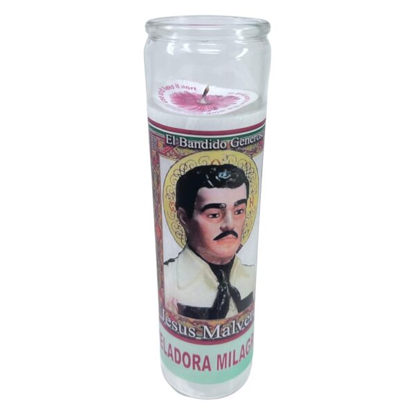 white Unscented prayer candle the generous vandit .Veladora de rezo Jesús Malverde oración de protección al reverso en español