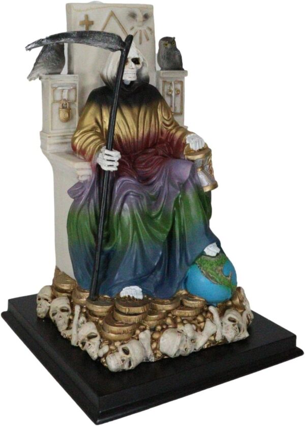 Ebros Gift 7 Colors Rainbow Robe Santa Muerte Holy Sacred Death Bone Mother Seated On Throne with Scythe Statue Patron of Protection & Blessings Seven Powers Figurine Day of The Dead Decor - Image 6
