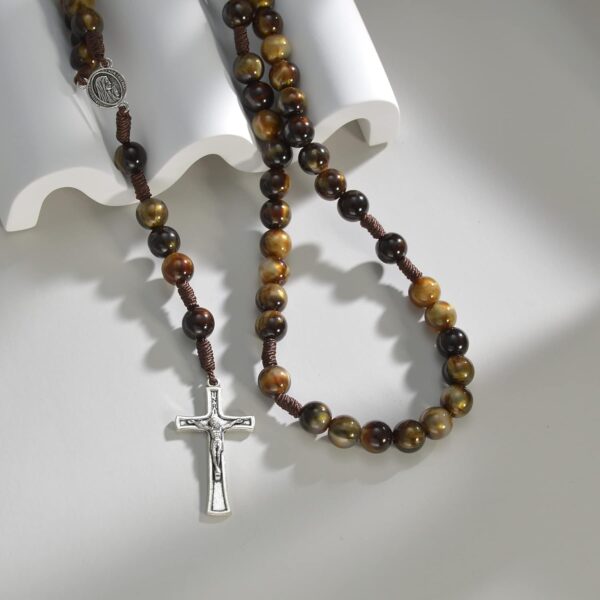 10mm Brown Beads Catholic Rosary Handmade Braided Rosaries with Curcifix Cross and Holy Mary Medal Amulet Rosary Beads Necklace for Women Men - Image 4