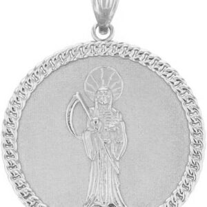 Claddagh Gold Sterling Silver Santa Muerte (Grim Reaper) Cuban Link Frame Medallion Necklace