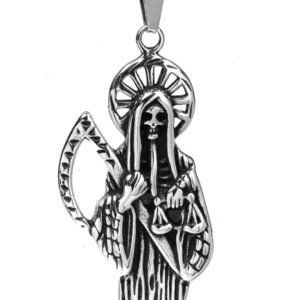 Santa Muerte Necklace Diamond 14K Gold Plated Santa Muerte Pendant Jewelry With Sickle Holiday Gift (Silver 221)
