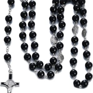 Rnivida Catholic Black Rosary Beads Necklace with Jesus Crucifix, Catholic Prayer Gifts