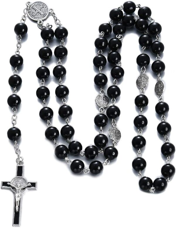 Rnivida Catholic Black Rosary Beads Necklace with Jesus Crucifix, Catholic Prayer Gifts