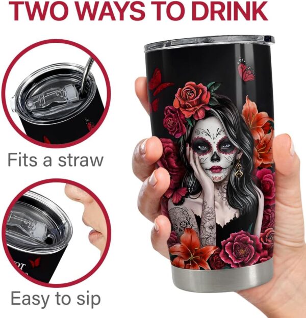 SANDJEST Sugar Skull Tumbler 20oz Stainless Steel Insulated Coffee Travel Mug Cup for Women Girls Gifts for Birthday Christmas - Image 6