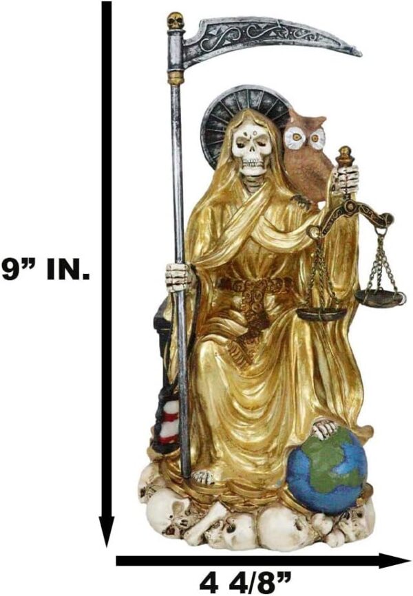 Ebros Gift Santa Muerte Holding Scythe Hourglass and Scales of Justice with Wise Owl Seated On Throne Figurine Holy Death Bone Mother Patron of Wealth Protection Purity Love Health (Gold) - Image 3