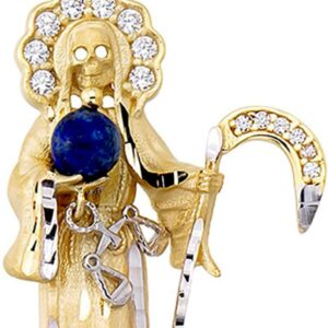 14k Yellow Gold Santa Muerte Holding Globe Pendant with Cubic Zirconia Stones